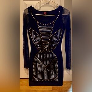 bebe dark blue Long sheer Sleeve Dress with Gold Studs